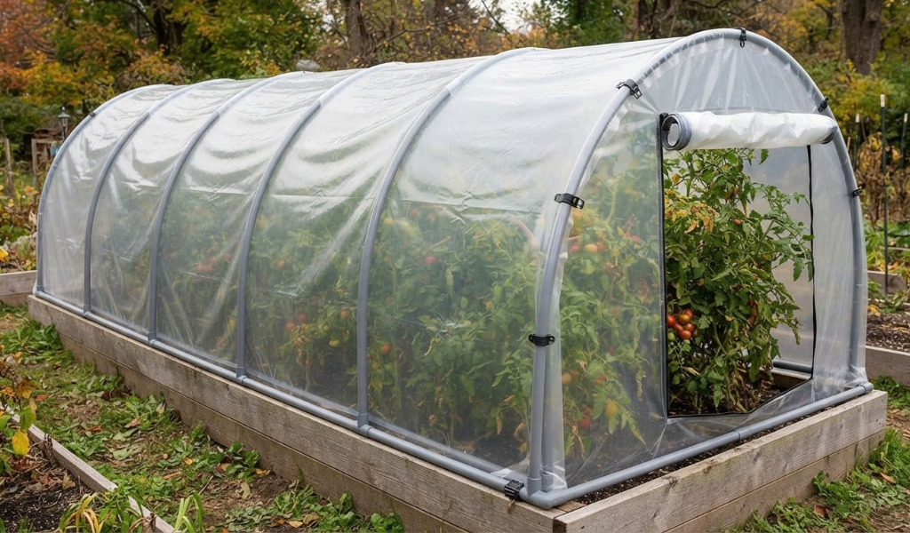 A long raised garden bed covered by a built PVC pipe and clear plastic hoop house structure, creating a mini-greenhouse for tomato plants.