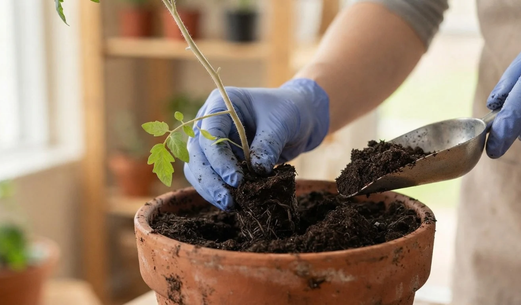 Gardener's hand demonstrating how to bury the long stem of a leggy tomato seedling deep into a new pot filled with soil, up to the first true leaves.