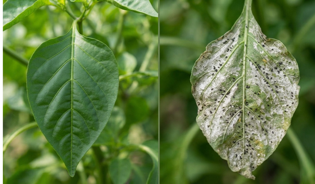 Visual comparison showing healthy pepper foliage (left) vs. leaves damaged by thrips (right), featuring silvery streaking and black frass.