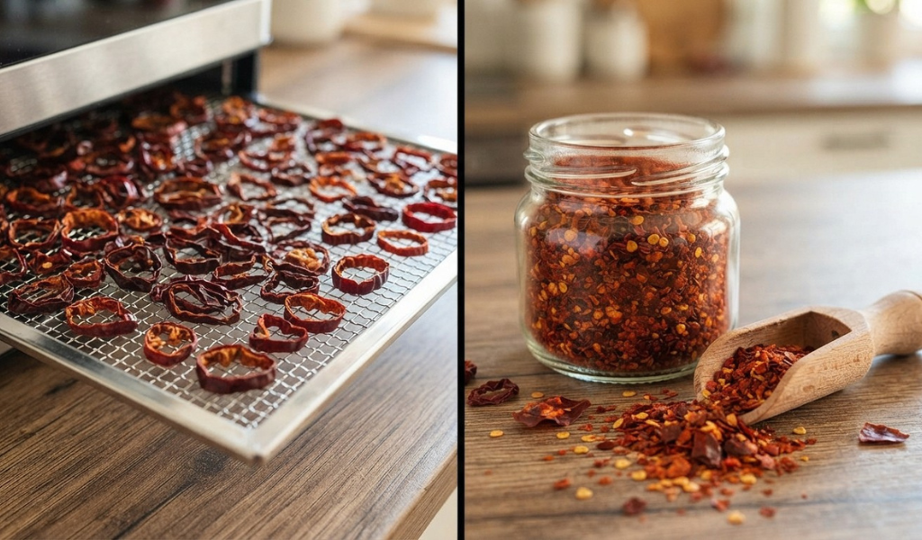A split-screen image showing dried chili pepper rings on a dehydrator tray (left) and coarse homemade red pepper flakes in a glass jar with a scoop (right).