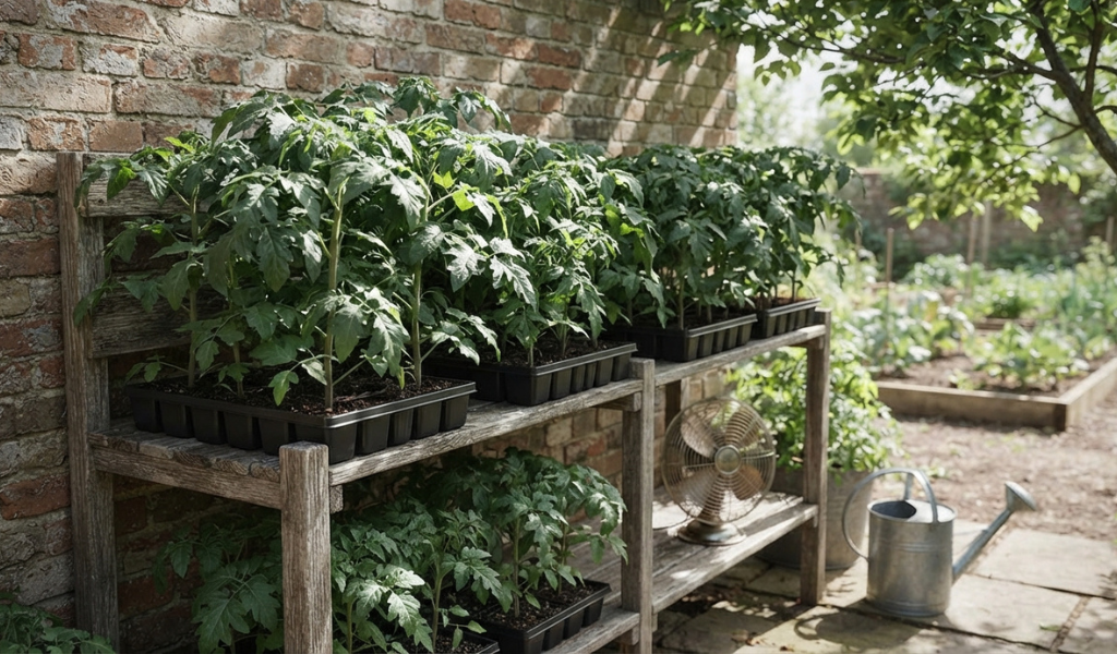 Trays of robust tomato seedlings sitting on wooden shelves outdoors against a brick wall, undergoing the hardening off process.