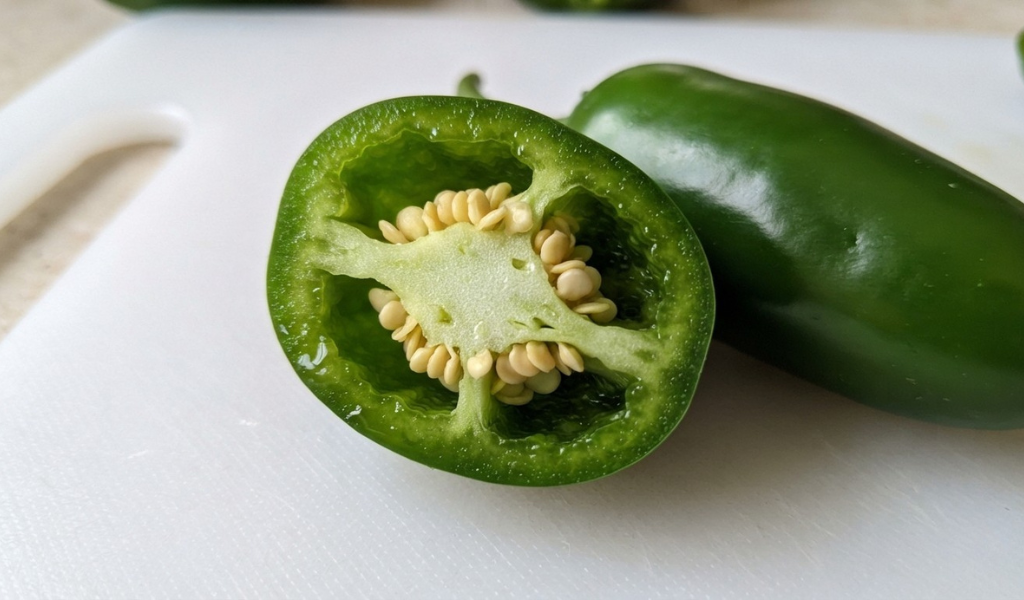 A macro cross-section of a firm green jalapeño, showing the crisp pale green flesh and seed pod on a white cutting board.