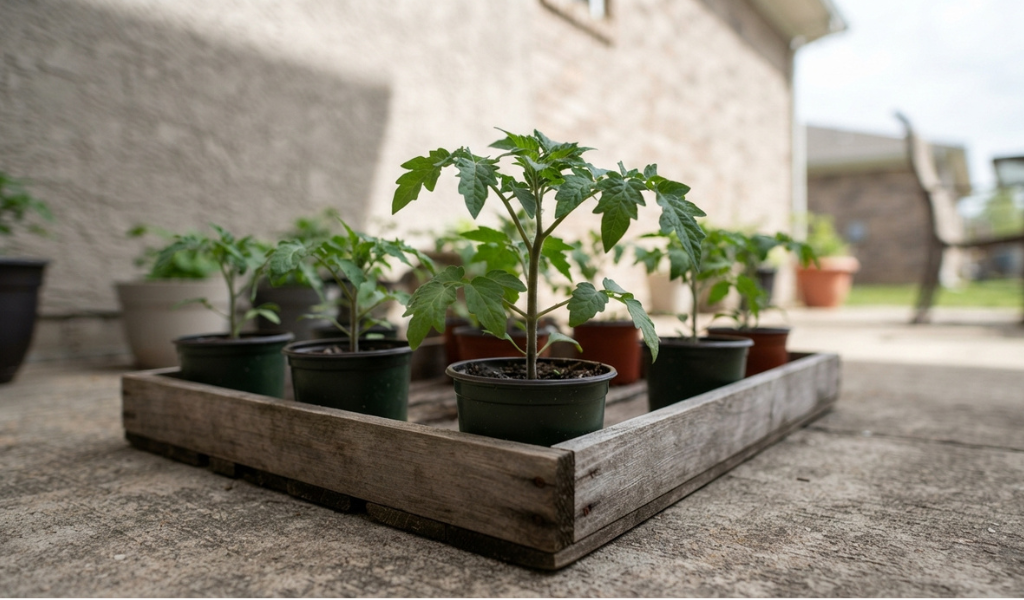 A healthy, hardened-off cherry tomato seedling in a nursery pot, sitting outdoors on a patio among other plants, ready for transplanting.