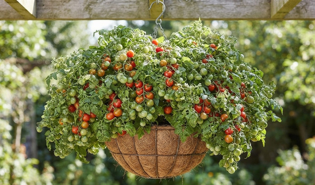 A close-up of a bushy 'Tumbling Tom' cherry tomato plant in a wire hanging basket, loaded with small green and red fruit cascading downwards.