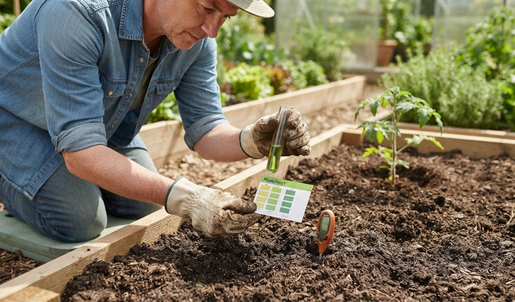 A gardener using a home soil test kit with a color chart to check pH and nutrient levels before planting tomatoes in a raised bed.