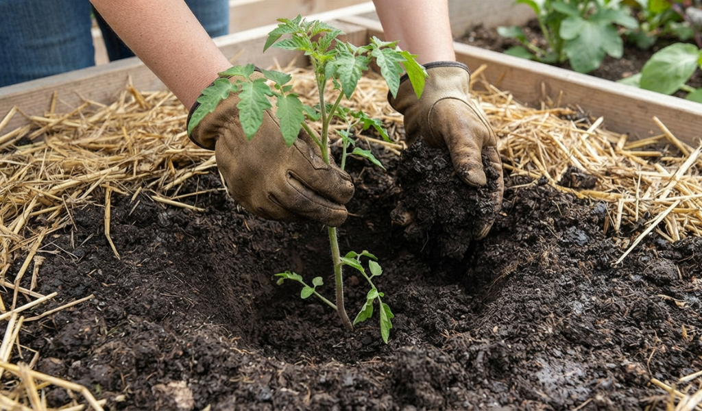 Close-up of a gardener's hands deep-planting a tomato seedling, burying two-thirds of the stem in rich raised bed soil.