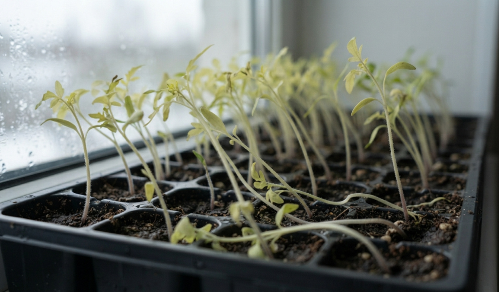 A tray of weak, pale, and excessively tall (leggy) tomato seedlings stretching and leaning due to lack of proper indoor light.