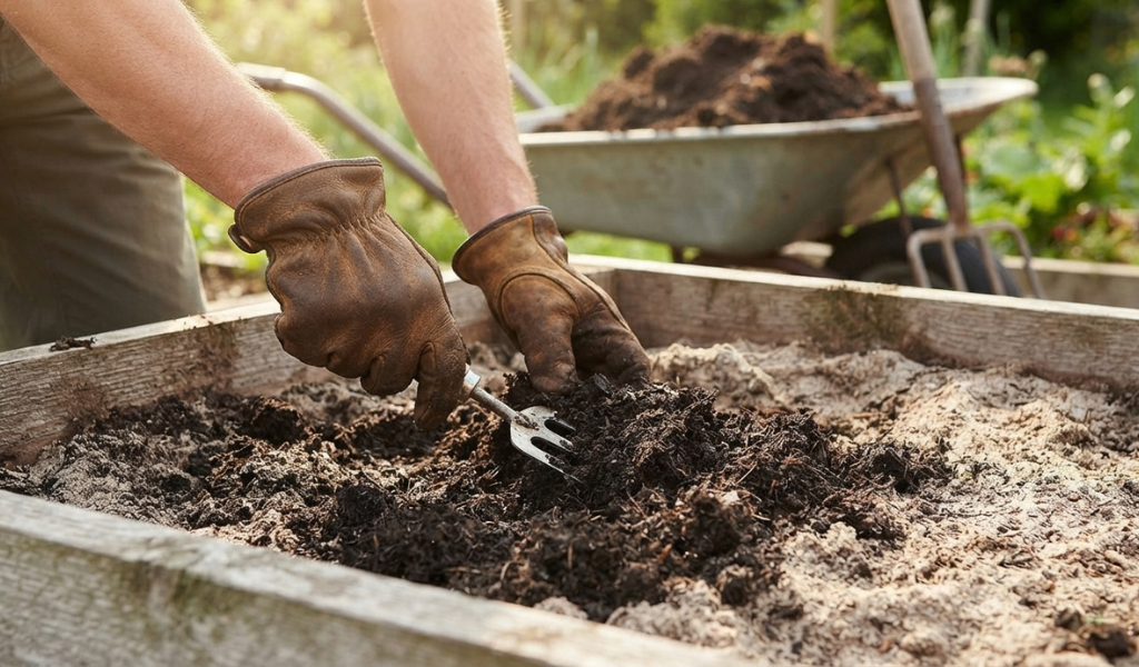 A gardener's gloved hands mixing dark, rich compost into the soil inside a wooden raised bed.
