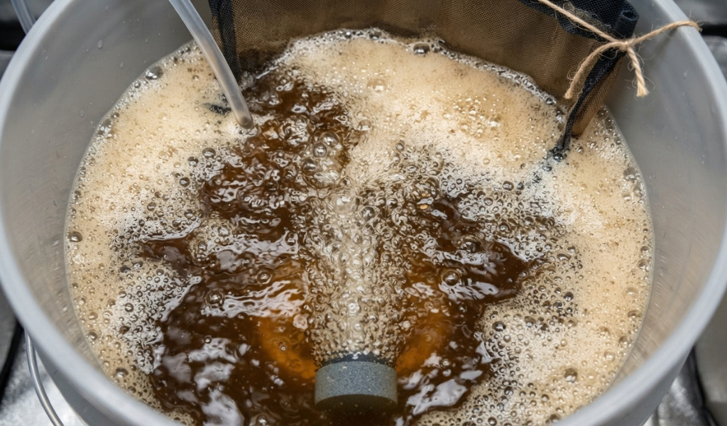 Close-up view looking down into a 5-gallon bucket of compost tea during the brewing process, showing vigorous aeration, dense foam, and the rich brown color of the actively aerated liquid.