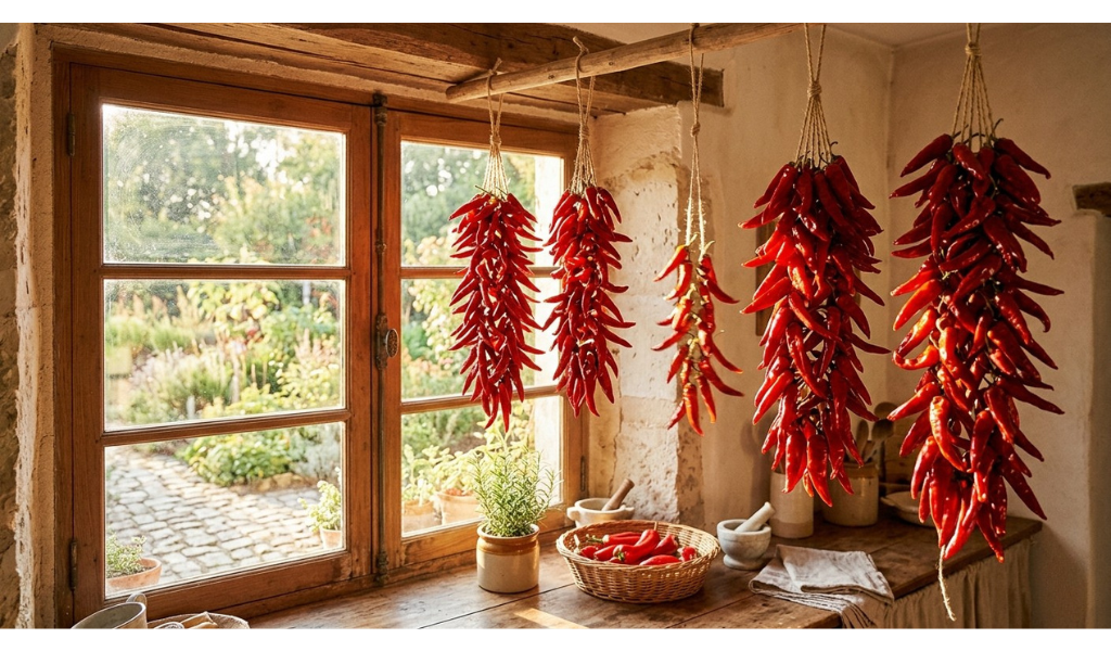 Beautiful strings of whole red chili peppers hanging in a sunny kitchen window, demonstrating the traditional air drying method.