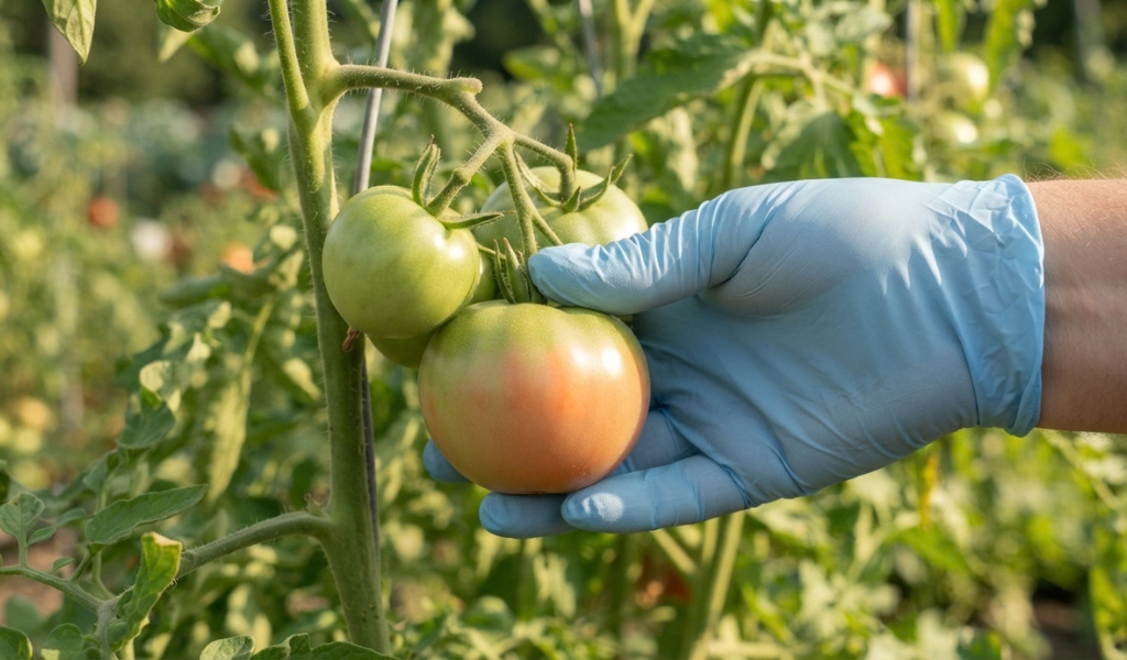 A close-up of a gardener's hand harvesting a cluster of tomatoes from the vine, where one fruit is just starting to show the first signs of red color (the breaker stage) while the others are still green.