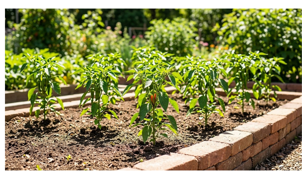 Wide-angle photo of a sunny garden bed with thriving pepper plants enjoying direct morning sunlight and slight shelter, showing an ideal location.