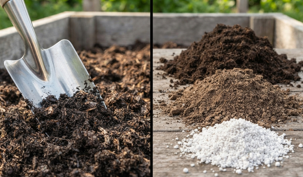 Close-up of rich, dark compost and garden soil mix being turned with a trowel, illustrating the components for healthy raised bed planting.