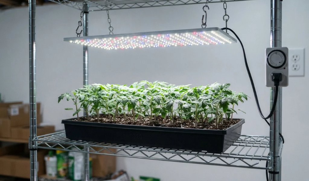 An ideal indoor seed starting setup featuring a tray of healthy, stocky tomato seedlings positioned directly under a bright, full-spectrum LED grow light panel suspended on a shelf.