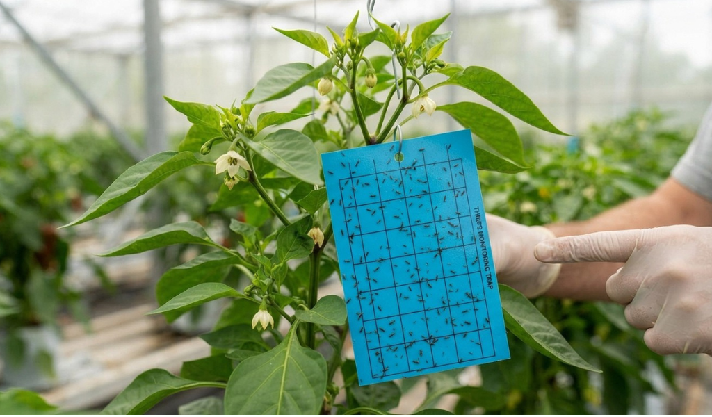 A blue sticky monitoring trap hanging within a pepper plant canopy, covered in captured thrips.