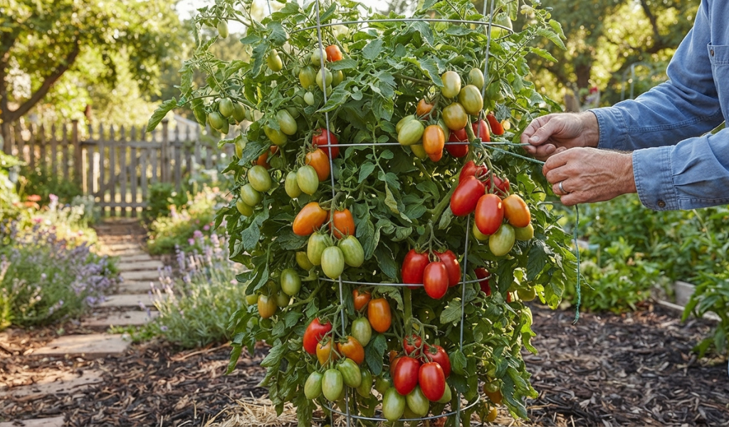 A mature, heavily fruiting Roma tomato plant supported by a tall wire cage in a garden, with a hand tying a branch laden with ripening plum-shaped tomatoes to the structure.