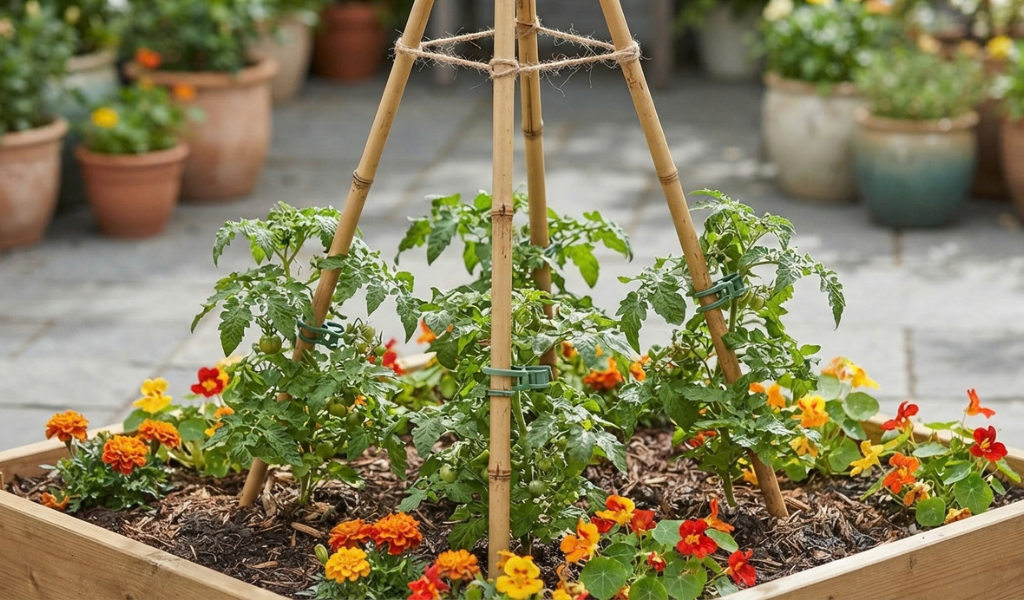 A compact bamboo teepee trellis supporting three young, bushy tomato plants in a raised bed, interplanted with marigolds on a patio.