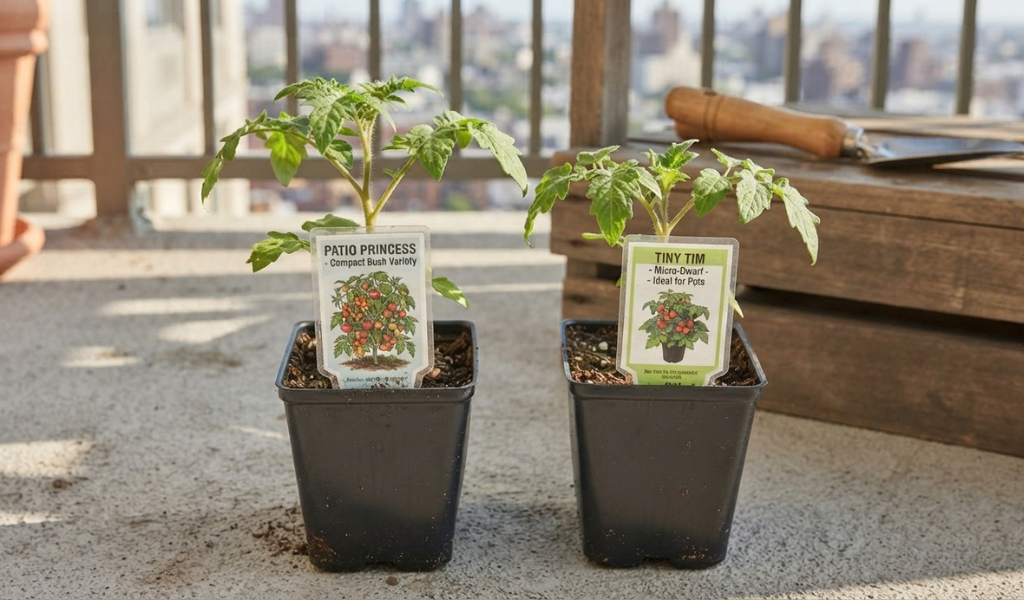 Close-up of two young tomato seedlings in pots with specific "Patio Princess" and "Tiny Tim" labels, clearly identifying them as compact, dwarf varieties suitable for containers.