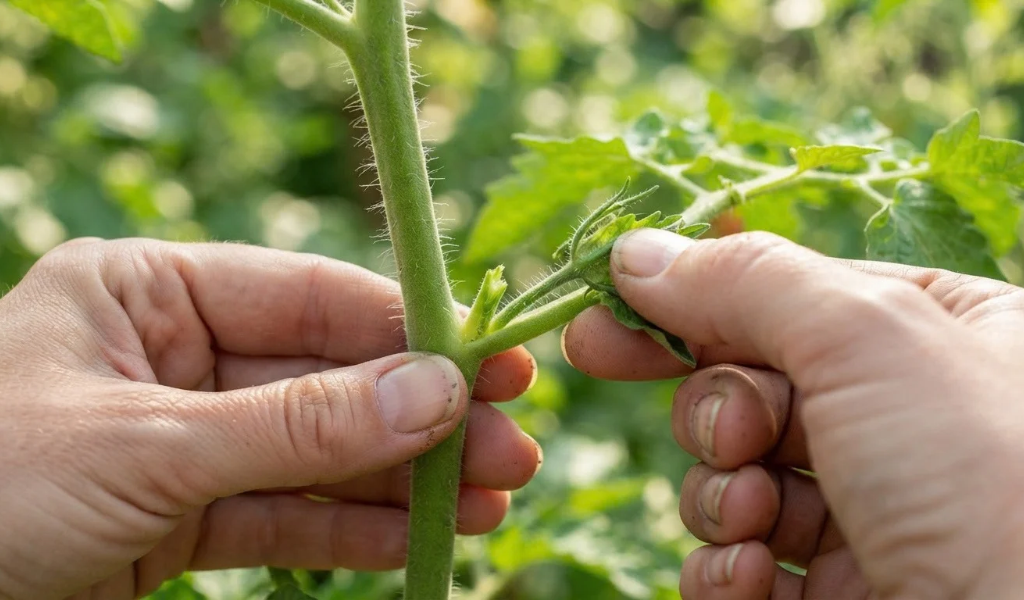 Close-up of a gardener's bare fingers demonstrating the hand-pinching method to snap a small tomato sucker cleanly from the plant stem.