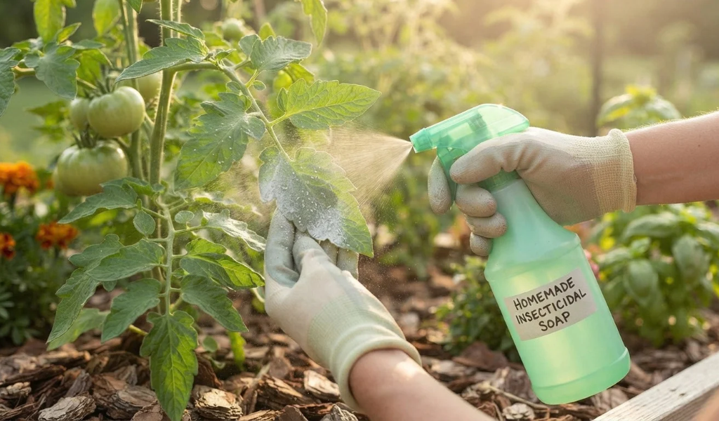 A hand applying homemade insecticidal soap spray to the underside of a tomato leaf using a spray bottle.