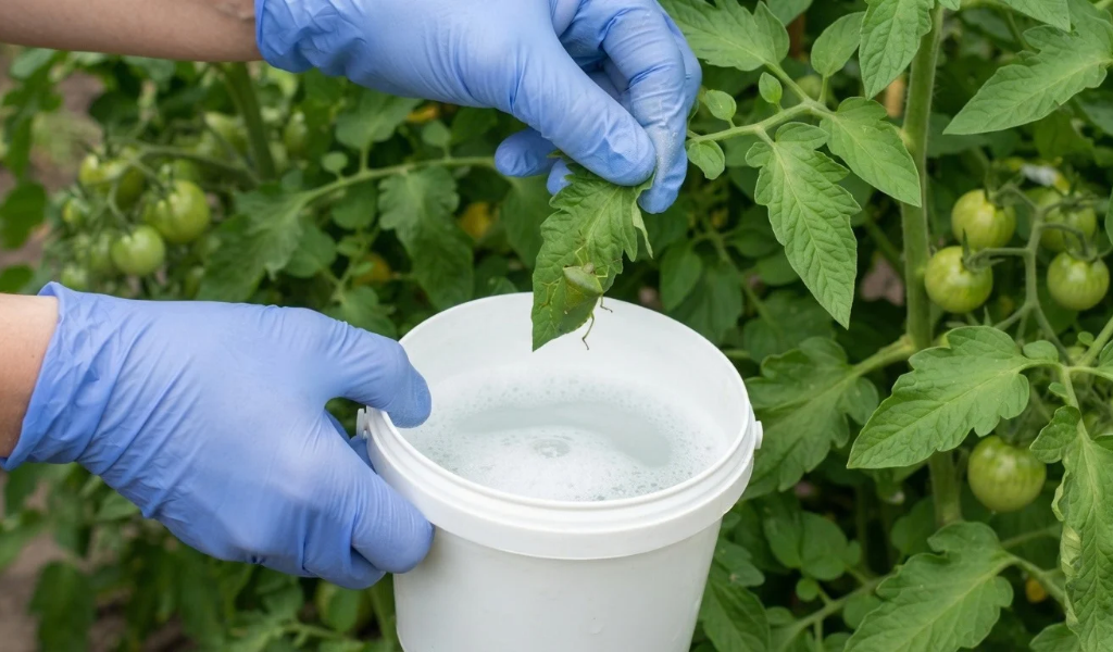 A gloved hand tapping an adult stink bug from a tomato leaf into a bucket of soapy water.