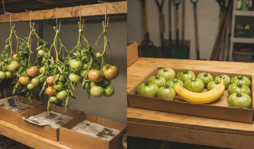 Indoor setup showing mature green tomatoes hanging upside down on vines and others ripening in a cardboard box alongside a yellow banana.