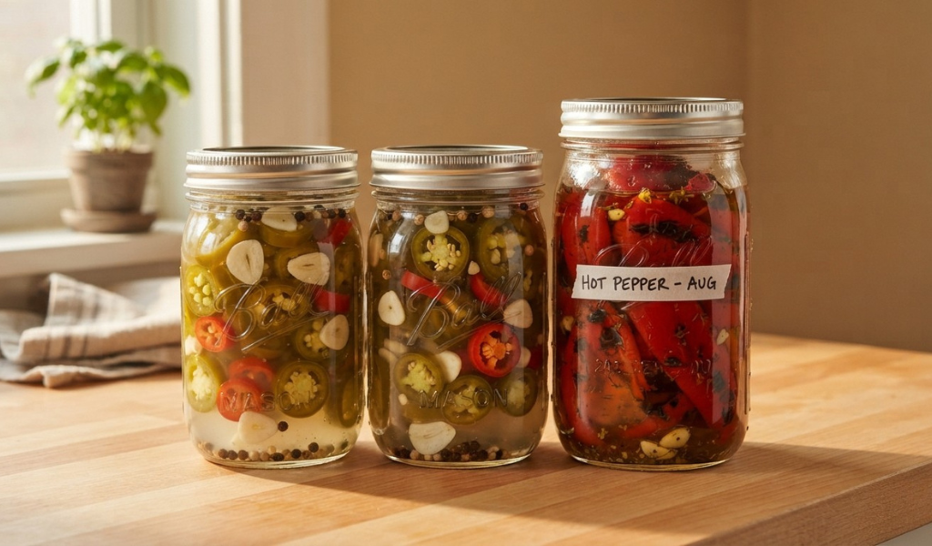 Three sealed glass Mason jars containing pickled jalapeño rings and roasted red peppers in oil, sitting on a wooden counter, clearly labeled and processed for long-term storage.