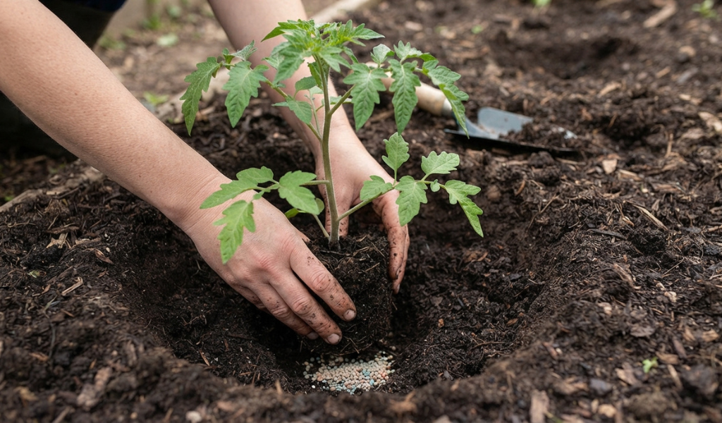 Close-up of gardener's hands mixing organic fertilizer into the soil of a planting hole for a tomato seedling.