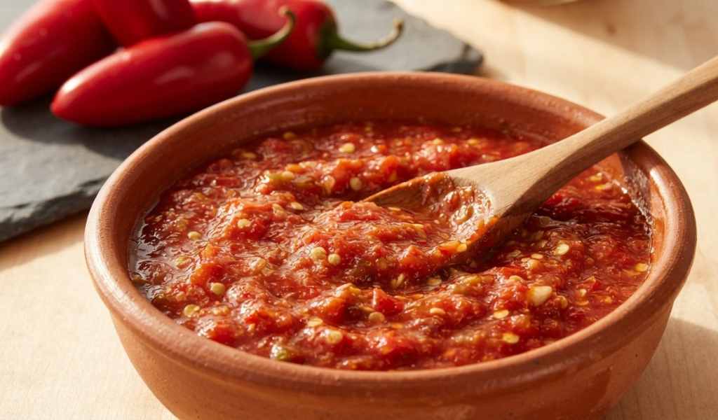 A rustic bowl of chunky, vibrant red jalapeño hot sauce with a wooden spoon, with whole red peppers blurred in the background.