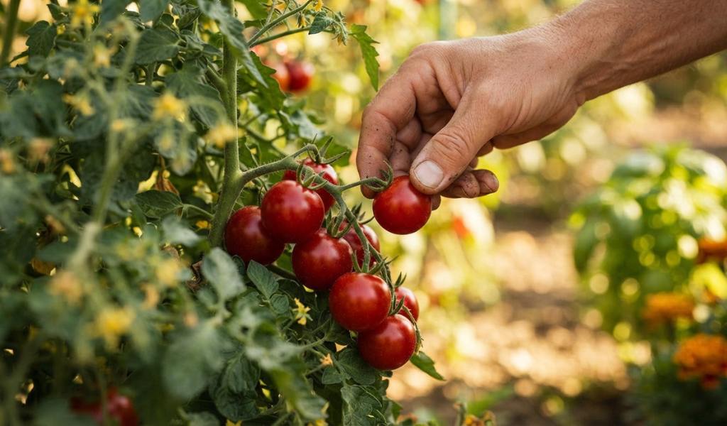 A gardener’s hand harvesting a perfectly ripe, glossy red cherry tomato from a lush cluster on the vine, with other tomatoes ready for picking.