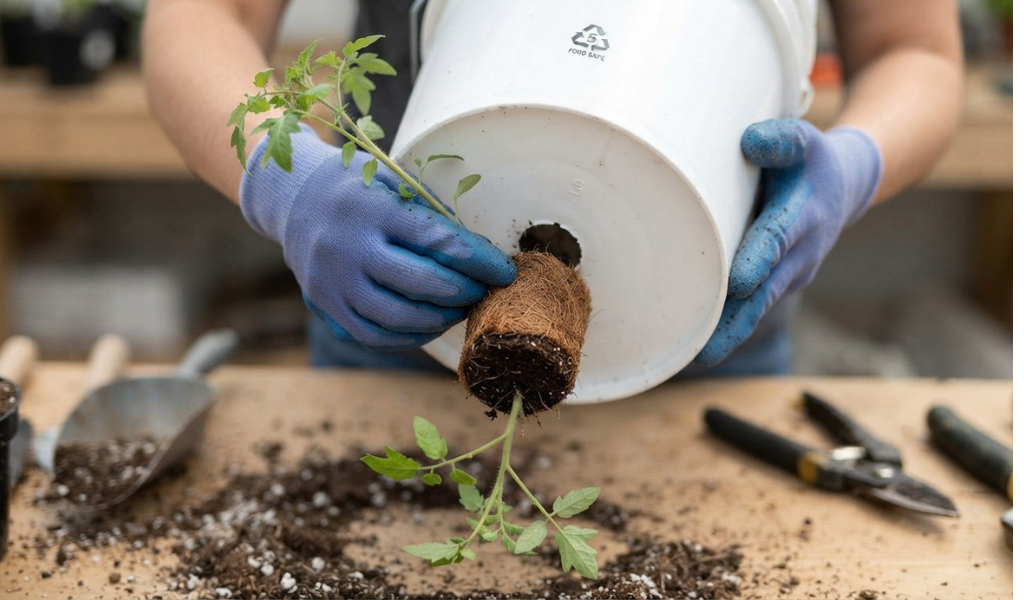 Instructional photo showing a gloved hand threading the root ball of a tomato seedling through the hole in the bottom of a white 5-gallon bucket.