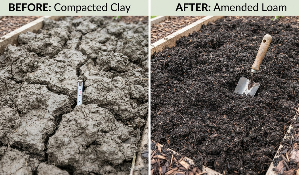 Visual comparison of heavy, cracked clay soil (left) versus the same soil transformed by compost into rich, dark, friable loam (right) for tomatoes.