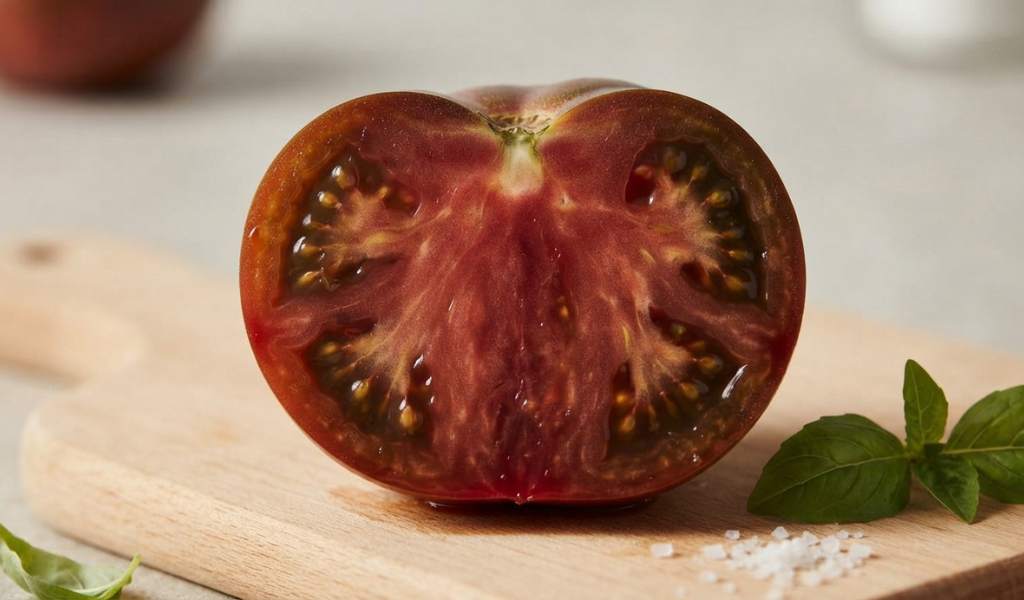 Cross-section of a ripe Cherokee Purple tomato showing its unique dark interior flesh.