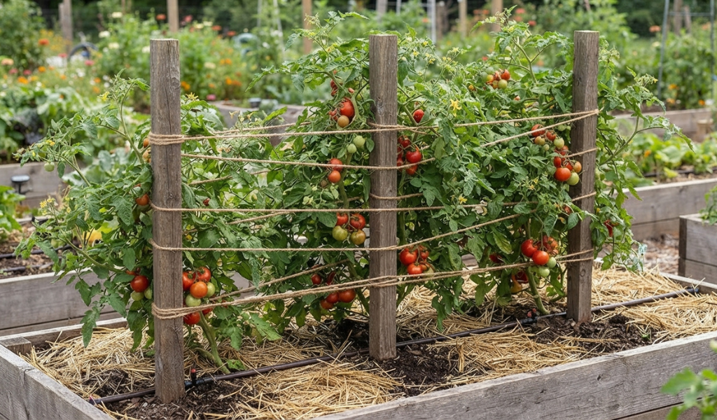 A mature tomato plant in a raised bed supported by a sturdy Florida Weave staking system of wooden stakes and twine, laden with fruit.