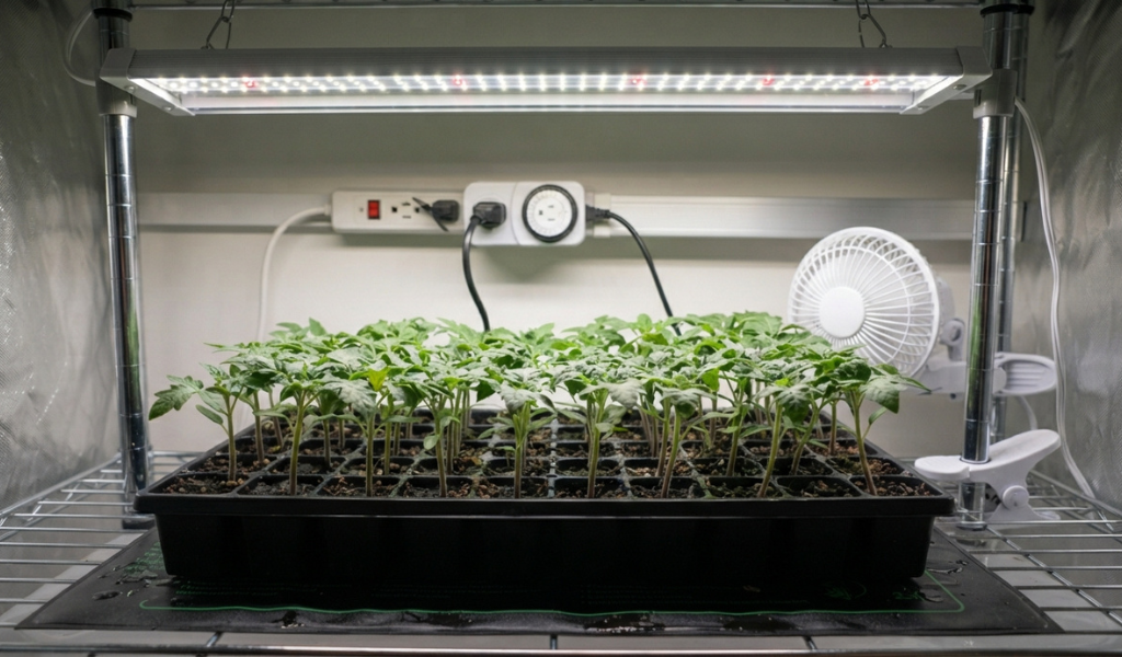 A practical indoor seed starting setup showing a full-spectrum LED grow light fixture positioned at the correct distance (6 inches) above a tray of compact, healthy tomato seedlings, complete with a small circulation fan and timer.