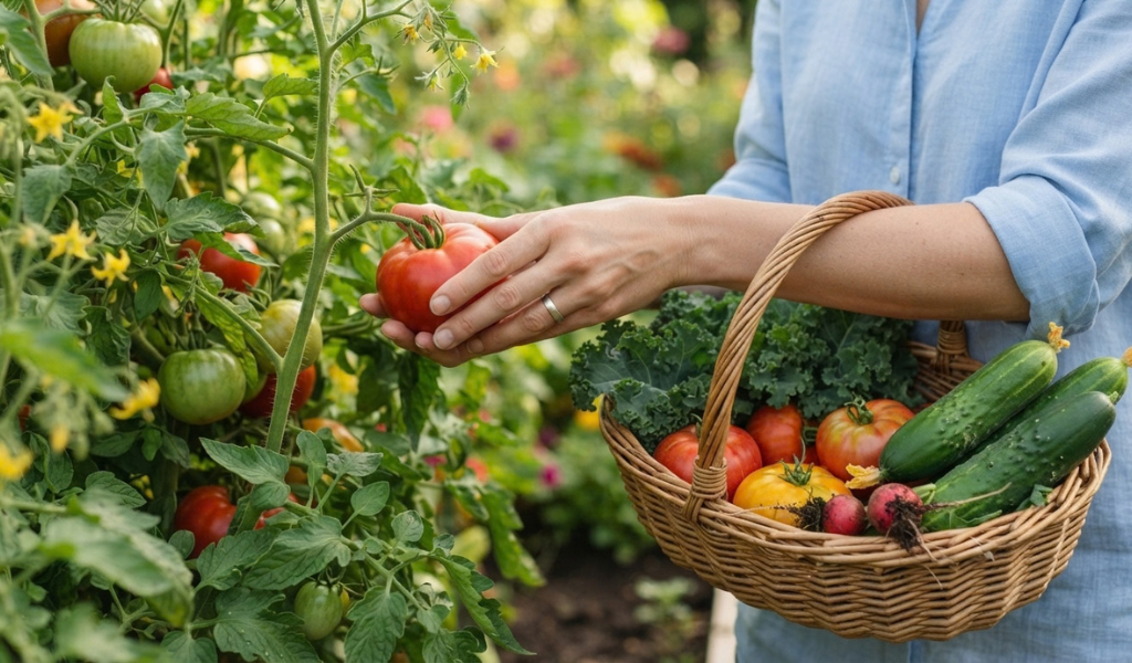 A gardener's hands harvesting a ripe heirloom tomato into a wicker basket filled with a fresh vegetable harvest.
