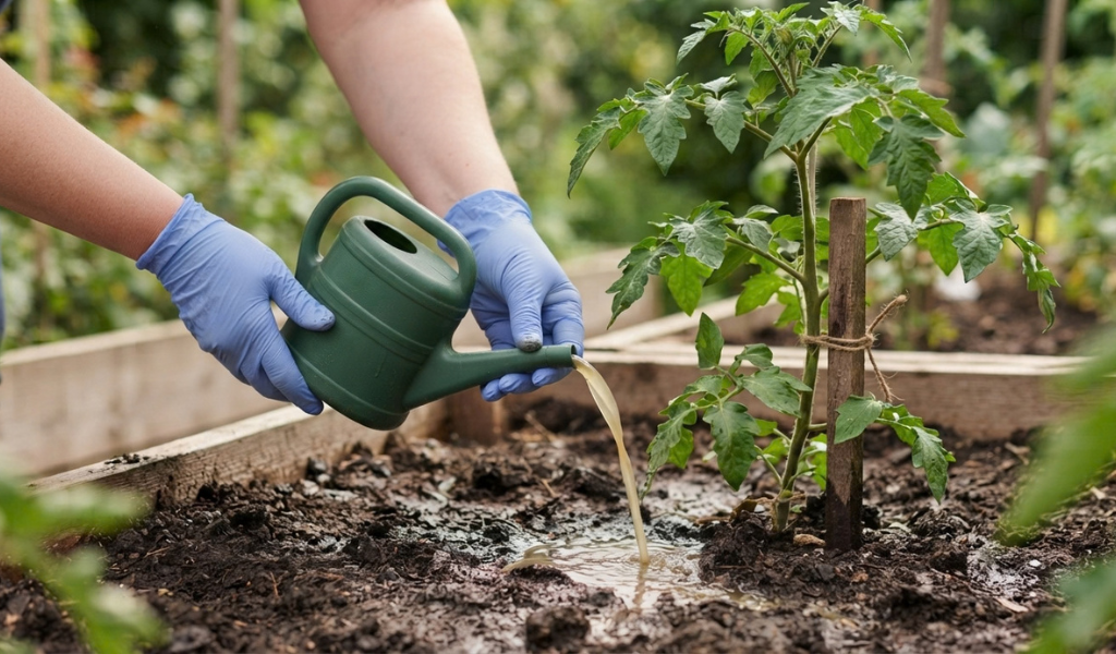 A close-up of a gardener's gloved hands pouring finished compost tea from a watering can as a soil drench directly onto the base of a healthy tomato plant in a raised garden bed.
