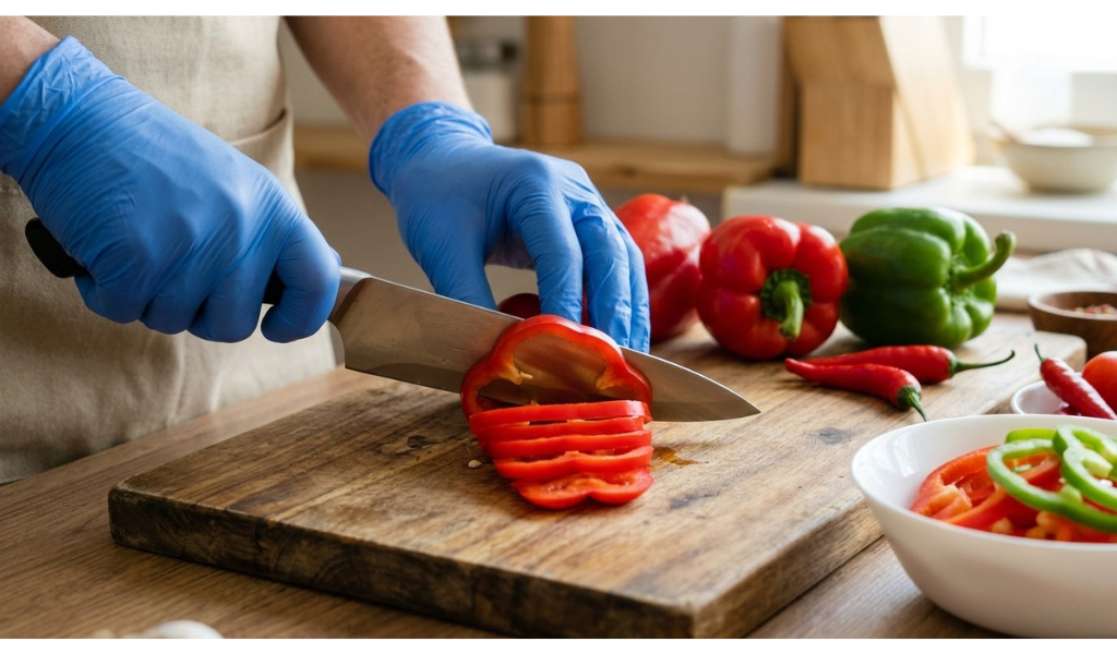 Close-up shot of gloved hands carefully slicing fresh red peppers on a wooden cutting board to prepare them for drying.