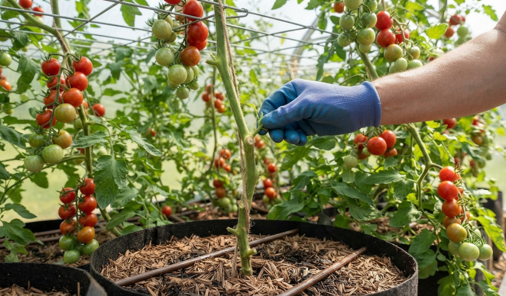 A gardener hand-pruning a sucker from a tall, staked indeterminate tomato plant laden with ripening fruit in a greenhouse.