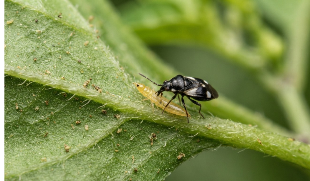 Macro shot of a beneficial Minute Pirate Bug (Orius spp.) preying on a thrips larva on the underside of a pepper leaf.