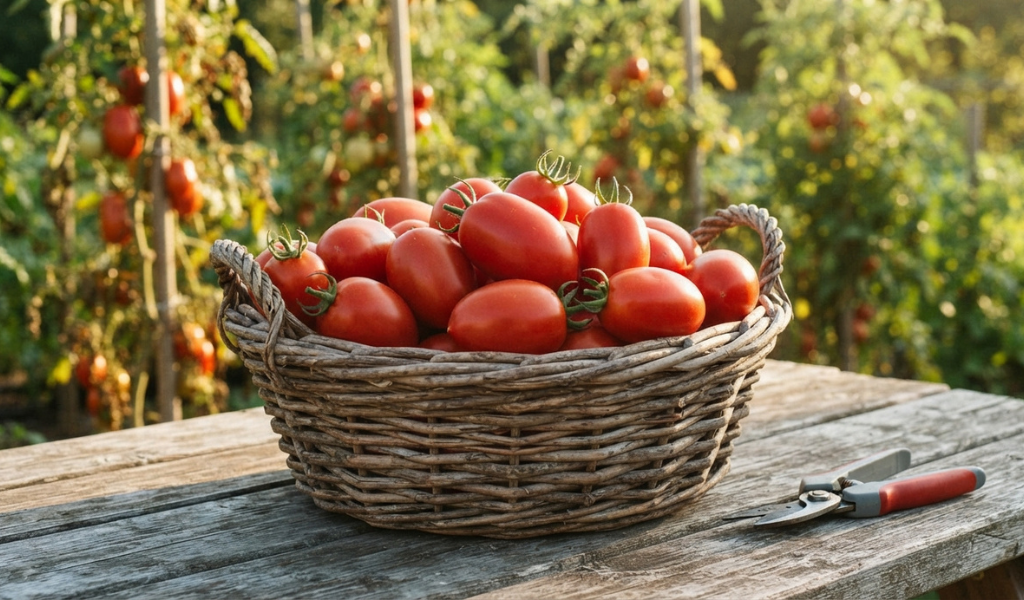 A rustic wicker basket overflowing with freshly picked, ripe, red Roma tomatoes and a pair of pruning shears, sitting on a wooden table in a sunny garden.