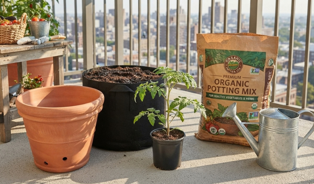 A step-by-step visual guide showing the necessary components for potting balcony tomatoes: a large terracotta pot, a fabric grow bag, a bag of organic potting soil, and a healthy seedling.
