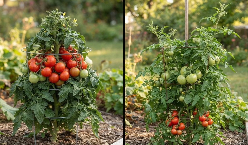 A visual comparison showing the compact growth of a determinate tomato plant versus the continuous upward growth of an indeterminate variety.