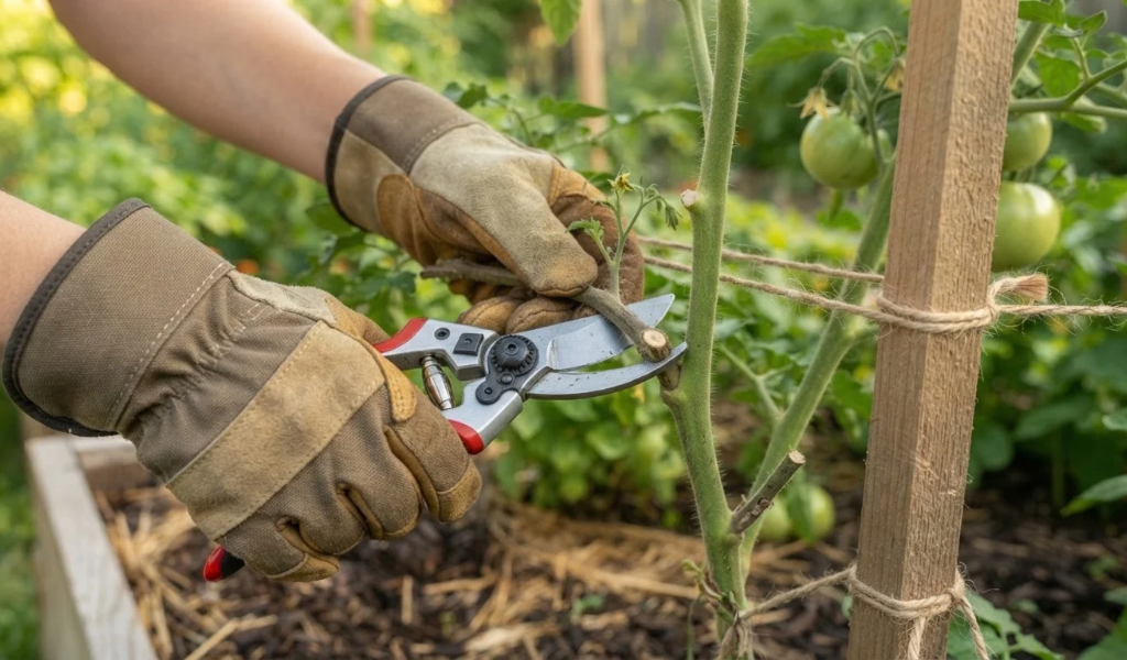 Close-up of a gardener using sharp bypass pruning shears to remove a large, thick tomato sucker, leaving a small, clean stub on the main stem.