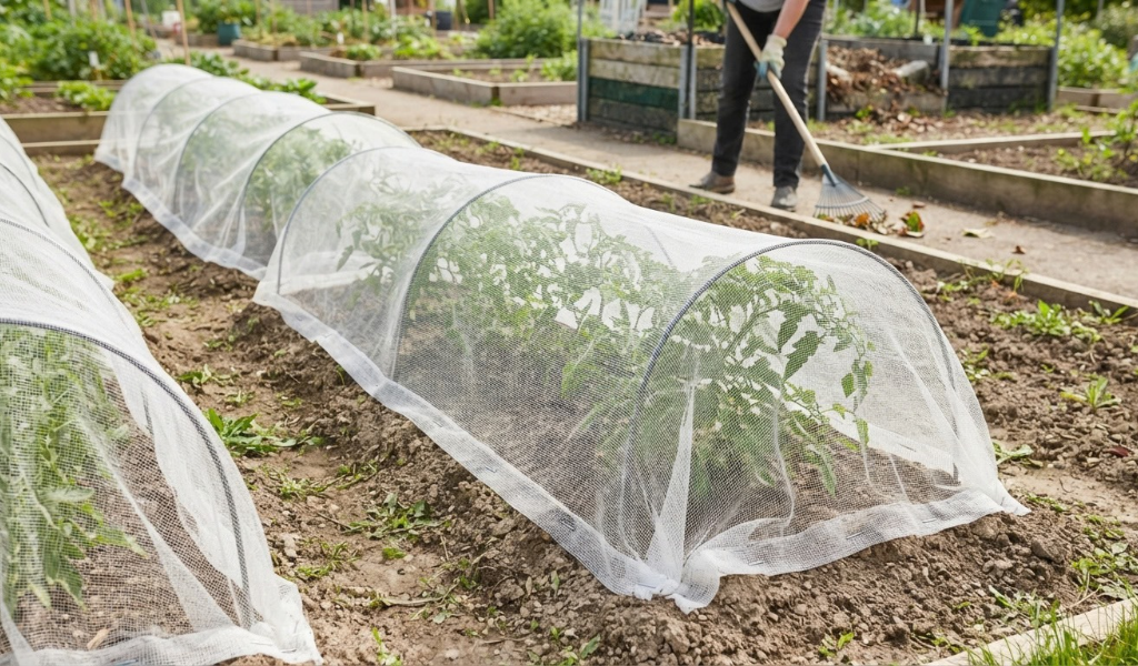 A tidy vegetable garden bed featuring young tomato plants protected by white mesh row covers draped over hoops, with clean soil and a person raking in the background.