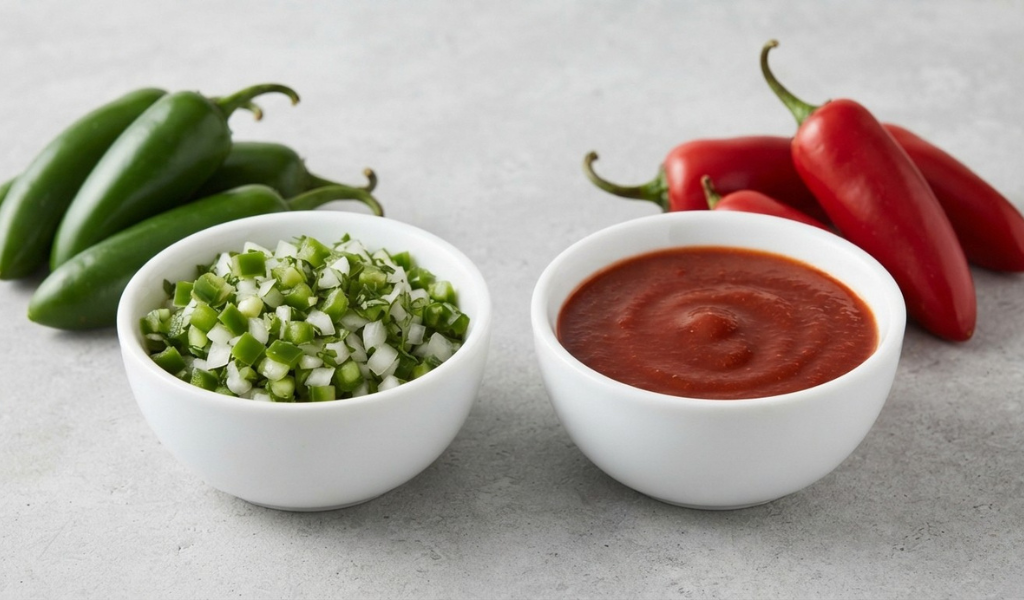 A side-by-side comparison showing a bowl of fresh green salsa and diced green jalapeños next to a bowl of smooth red hot sauce and whole red jalapeños.
