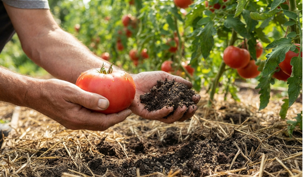 Gardener's hands holding a ripe tomato and rich organic compost, with a blurred, healthy tomato garden background.