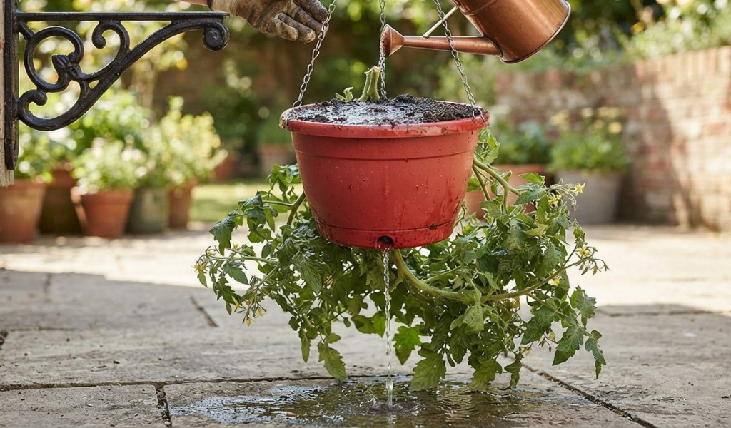 A hanging red planter showing water draining from the bottom hole after a thorough watering, with a gardener's hand visible at the top.