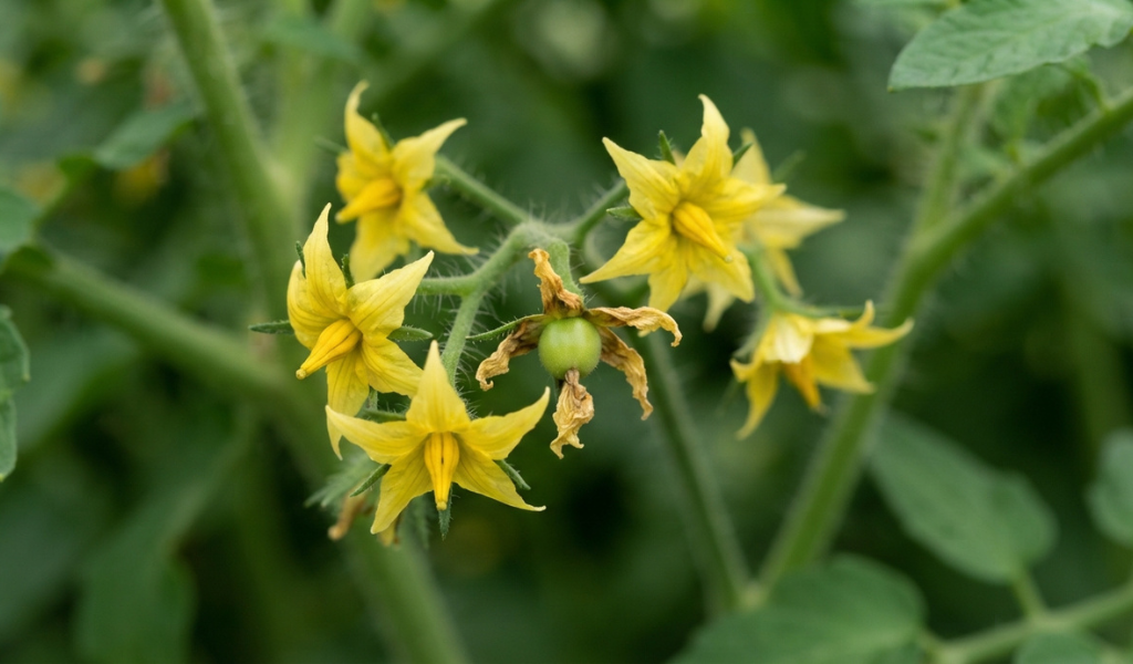 A close-up of yellow cherry tomato blossoms on the vine, showing one flower that has successfully set fruit, revealing a tiny, developing green tomato.