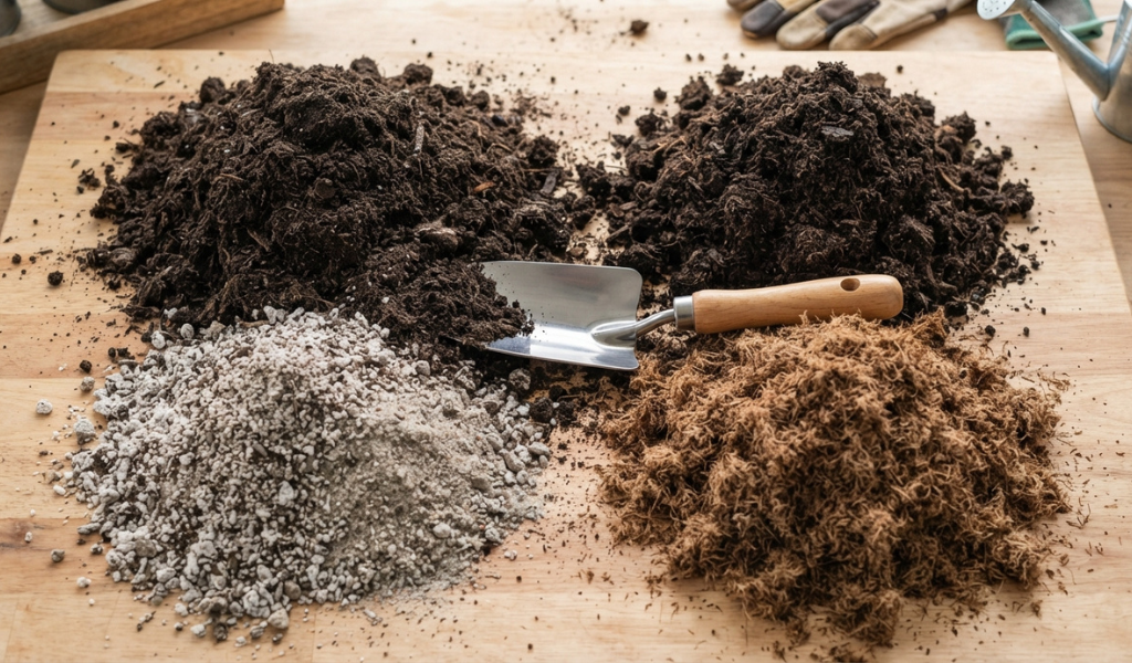 The four key ingredients for DIY tomato soil: topsoil, finished compost, perlite/coarse sand, and peat moss, laid out separately before mixing.